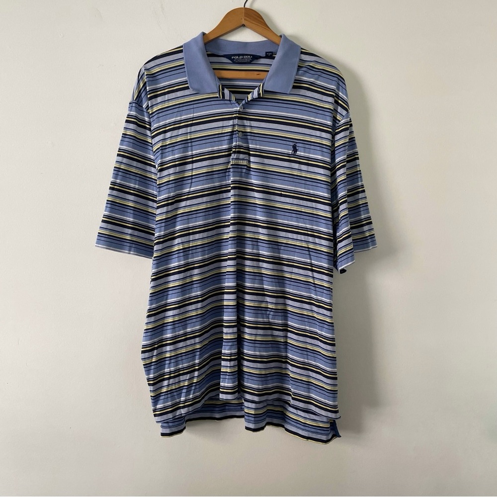 Polo Golf Ralph Lauren 90s Blue Yellow Striped Pima Cotton Shirt Size XXL